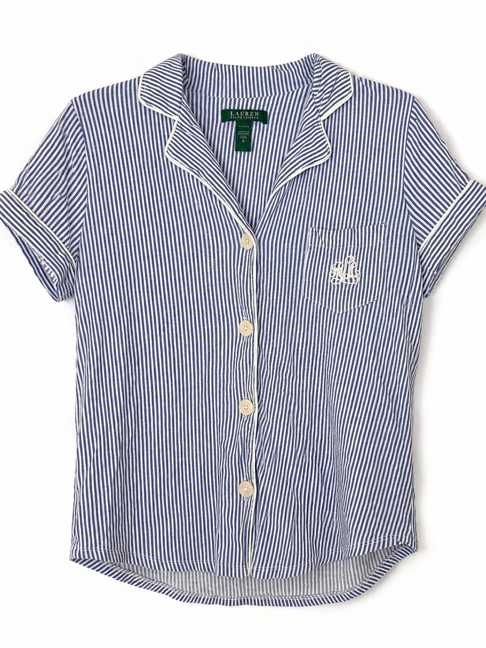 Ralph Lauren Navy and White Striped Short-Sleeve Button Shirt